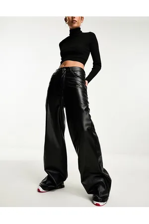 Pull&Bear Faux leather high rise wide leg trouser in