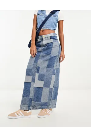 Something New X GORPECORE SQUAD patchwork maxi denim skirt in medium wash