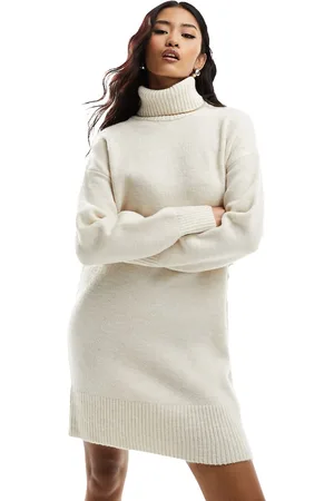 New Look Roll neck knitted mini dress in cream