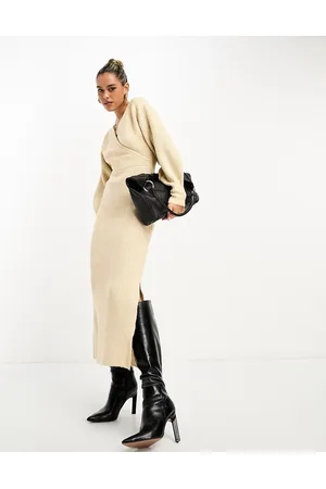 River Island Wrap knitted maxi dress in beige
