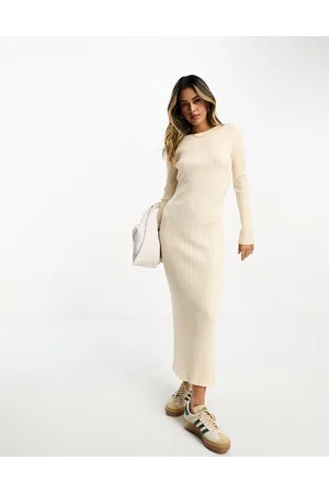 ASOS Knitted crew neck maxi dress in rib in cream