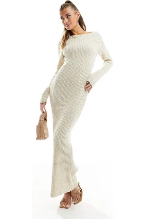 NA-KD X Moa Mattson boat neck soft knit maxi dress in beige