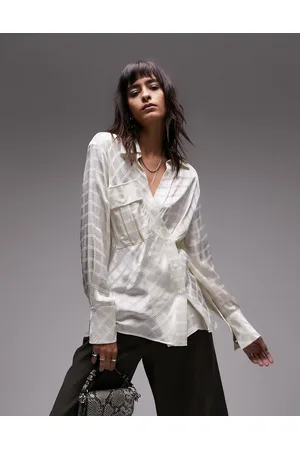 Topshop Self check satin shirt in ivory