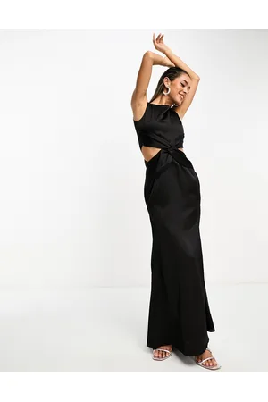 TFNC Deep V back waist cut out satin maxi dress in
