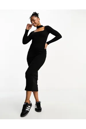 Pull&Bear Choker detail long sleeve midi dress in