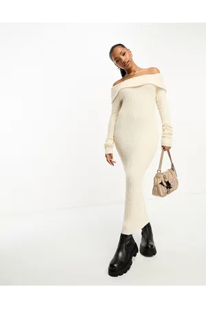 Monki Textured rib knitted off the shoulder midi dress in soft