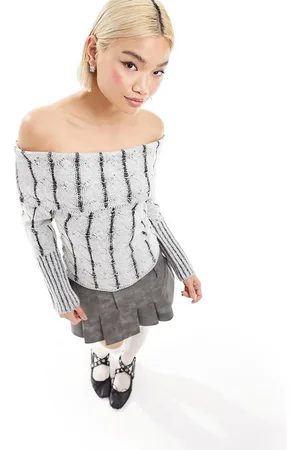 COLLUSION Washed knitted bardot cropped jumper in and black