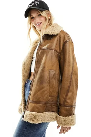 Bershka Chunky shearling jacket in tan