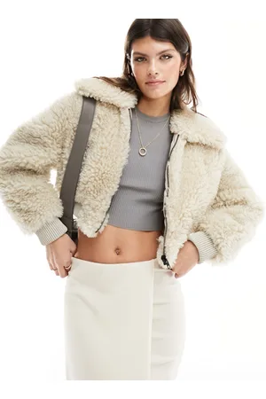 MANGO Short teddy jacket in beige