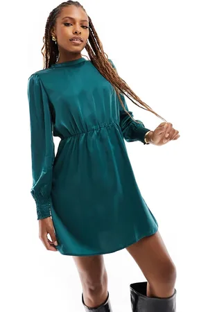 ONLY High neck long sleeve satin mini dress in emerald