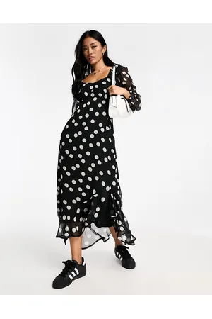 New Look Puff sleeve ruffle midi dress in polka dot