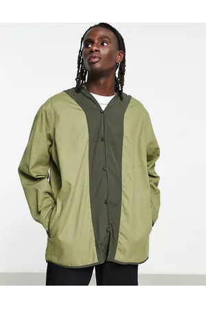 Topman Long sleeve supreme oversized collarless overshirt with back design in khaki