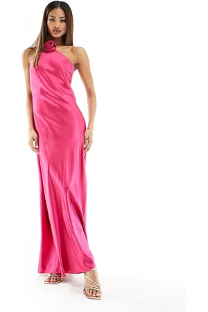 Style Cheat Satin corsage halter neck maxi dress in hot