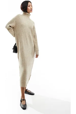 MANGO High neck knitted midi dress in beige