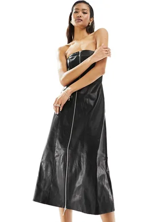 French Connection Faux leather midi dress with zip detail in