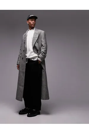 Topman Double breasted herringbone overcoat in grey