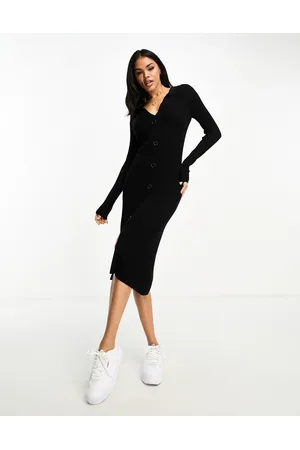 Threadbare Eliza ribbed knitted button through midi dress in