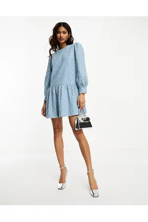 Never Fully Dressed Embellished smock mini dress in denim jacquard