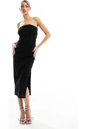 In The Style Bandeau lace insert midi bodycon dress in