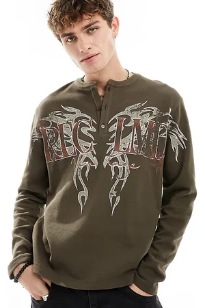 Reclaimed Notch neck waffle henley with tattoo graphic in