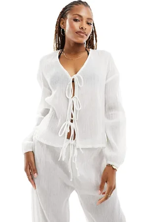 Esmée Esmee beach long sleeve tie front textured sheer shirt co-ord in