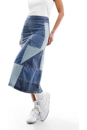 MANGO Capsule patchwork denim midi skirt in