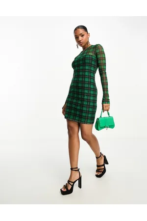 Monki Long sleeve mesh dress in check