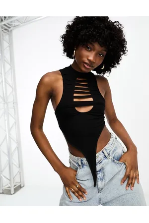 The Kript High neck asymmetric hem cut out crop top