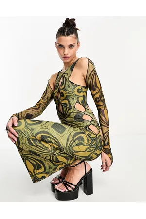 The Kript High neck maxi bodycon printed dress with detachable sleeves
