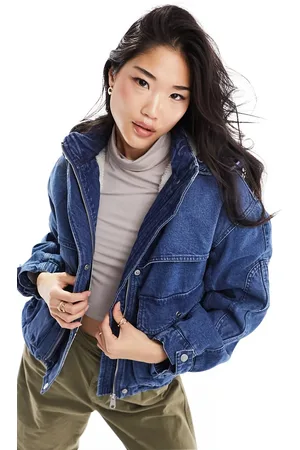 Bershka Utility denim hooded jacket in mid wash