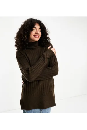 Threadbare Tall Naveah roll neck ribbed mini jumper dress in chocolate