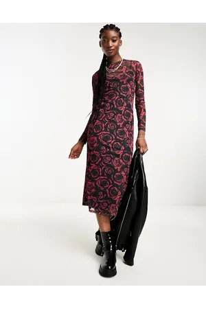 New Look Sheer long sleeve midi dress in rose print