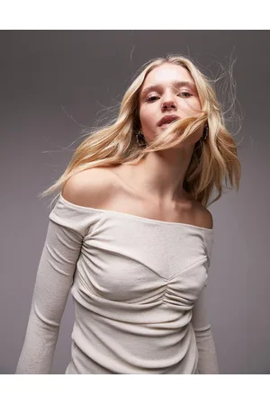Topshop Ruched bust bardot long sleeve top in ecru