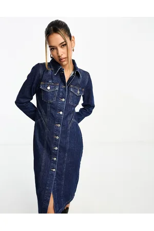 River Island Long sleeve seamed denim midi dress in dark