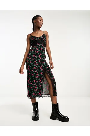 New Look Strappy midi dress in lace and rose print