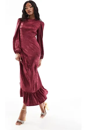 Flounce London Ruffle hem satin maxi dress in port