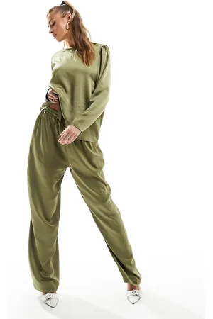 Flounce London Satin floaty trousers in olive co-ord