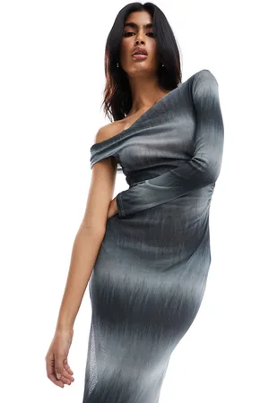 Pull&Bear One shoulder asymmetric knit maxi dress with split in ombre stripe