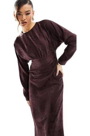 Flounce London Satin maxi dress with kimono sleeve in chocolate