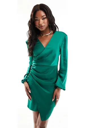 Flounce London Wrap front satin mini dress in emerald