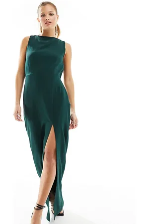 Vesper Low back thigh spilt maxi dress in forest