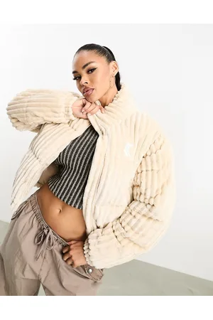Karl Kani Retro cropped puffer jacket in beige corduroy