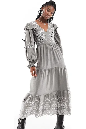Reclaimed Winter cutwork prarie maxi dress in washed khaki