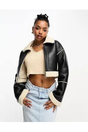 Pull&Bear Faux leather cropped shearling detail jacket in