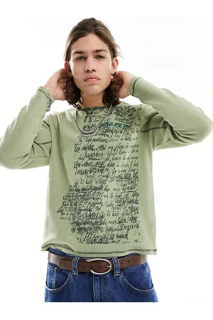 Reclaimed Long sleeve notch neck in khaki with graphic