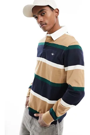 GANT Shield logo block stripe heavy rugby polo in khaki beige