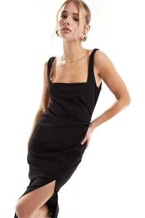New Look Square neck ruched front midi dress in