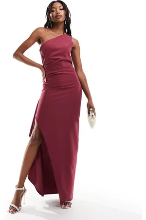 Vesper One shoulder drape side split maxi dress in berry
