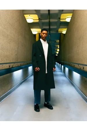 Topman Double breasted overcoat with peak lapels in