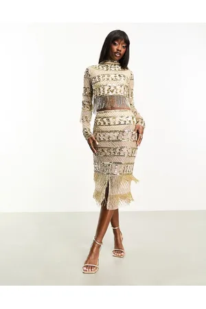 Starlet Embellished sequin midi skirt co-ord with fringe detail in